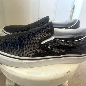 Classic Vans women’s size 7.5, men’s size 6.  Black sequins slip on flats.